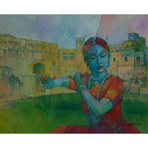 Saeed Kureshi, Melodious Flute, 30 x 36 Inch, Oil on Canvas, Figurative Painting, AC-SAKUR-028